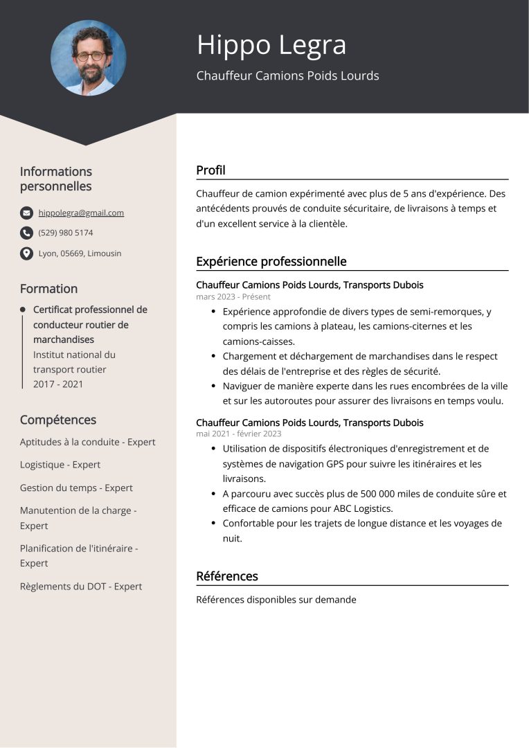 découvrez notre modèle de cv spécialement conçu pour les chauffeurs routiers. mettez en avant vos compétences en conduite, votre expérience sur la route et votre connaissance des réglementations. attirez l'attention des employeurs avec un cv professionnel qui reflète votre expertise et votre sérieux dans le domaine du transport.