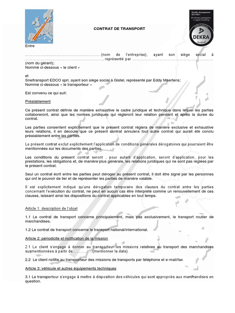 découvrez l'essentiel des contrats de transport : types, réglementations et obligations. assurez une gestion efficace de vos services de transport en naviguant à travers les différentes clauses et enjeux liés à ces contrats.